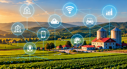 A connected farm landscape with digital agriculture symbols