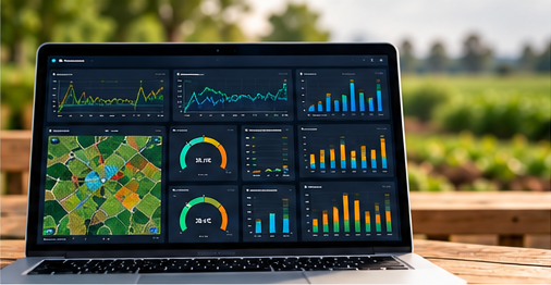 Illustrative monitoring dashboard with colourful sensor charts and farm maps