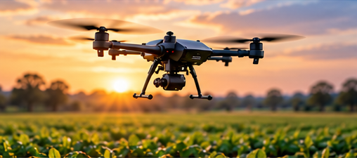A drone flying over crops at sunset