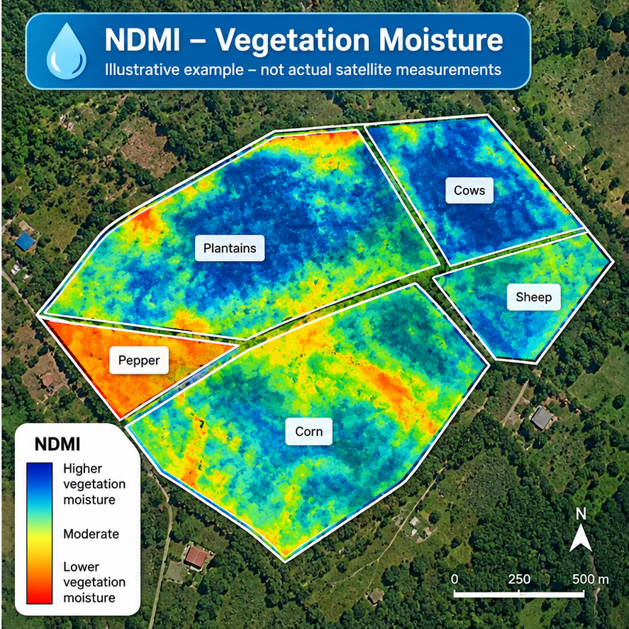 Illustrative NDMI vegetation-moisture map showing varied crop zones; not actual satellite measurements
