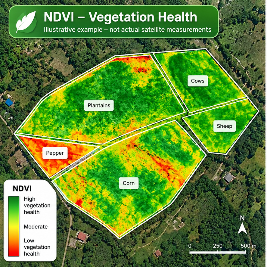Illustrative NDVI vegetation-health map showing varied crop zones; not actual satellite measurements