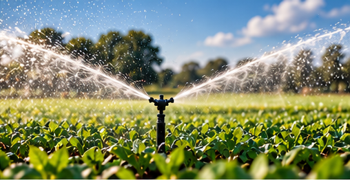 Water-efficient irrigation equipment watering a crop plot
